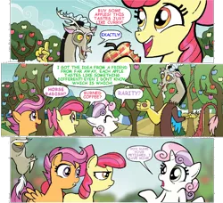 Size: 792x722 | Tagged: safe, artist:tonyfleecs, derpibooru import, edit, idw, apple bloom, discord, scootaloo, sweetie belle, draconequus, earth pony, pegasus, pony, unicorn, buy some apples, comic, cutie mark crusaders, female, fetish, filly, implied cannibalism, implied incest, implied raribelle, male, text edit