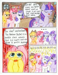 Size: 2534x3271 | Tagged: semi-grimdark, artist:the1king, derpibooru import, fluttershy, pinkie pie, rarity, twilight sparkle, twilight sparkle (alicorn), alicorn, pony, comic:fluttershy and the rainbow factory, fanfic:rainbow factory, comic, female, mare, traditional art