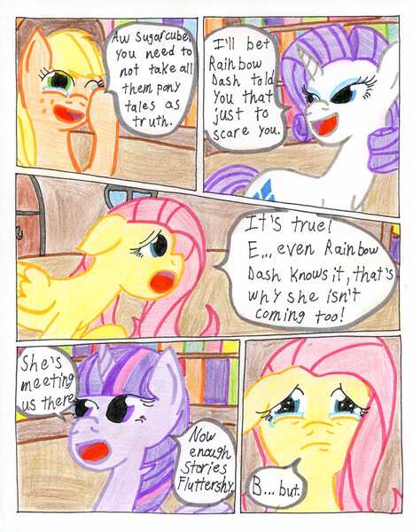 Size: 2544x3277 | Tagged: semi-grimdark, artist:the1king, derpibooru import, applejack, fluttershy, rarity, twilight sparkle, twilight sparkle (alicorn), alicorn, pony, comic:fluttershy and the rainbow factory, fanfic:rainbow factory, comic, female, mare, traditional art