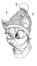 Size: 389x684 | Tagged: safe, artist:derp-my-life, derpibooru import, derpy hooves, pegasus, pony, bust, clothes, cute, derp, derpabetes, ear fluff, female, hat, mare, monochrome, nose wrinkle, question mark, scarf, scrunchy face, smiling, snowflake, solo, traditional art, tuque, wavy mouth
