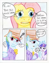 Size: 788x1015 | Tagged: semi-grimdark, artist:the1king, derpibooru import, fluttershy, rainbow dash, twilight sparkle, twilight sparkle (alicorn), alicorn, pony, comic:fluttershy and the rainbow factory, fanfic:rainbow factory, comic, female, mare, traditional art