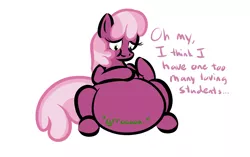 Size: 1280x806 | Tagged: safe, artist:zeldafan777, derpibooru import, cheerilee, earth pony, pony, adorafatty, belly, big belly, chubbilee, chubby, chubby cheeks, fat, female, mare, not vore, obese, overeating, overweight, simple background, solo, stomach noise, stuffed, stuffing, weight gain, white background