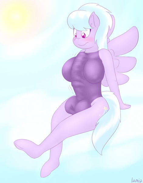Size: 1100x1400 | Tagged: anthro, artist:lamia, blushing, boobjob, breasts, clothes, cloudchaser, crotch bulge, futa, futa cloudchaser, impossibly large penis, intersex, nudity, one-piece swimsuit, penis, questionable, self boobjob, solo, solo futa, swimsuit, unguligrade anthro
