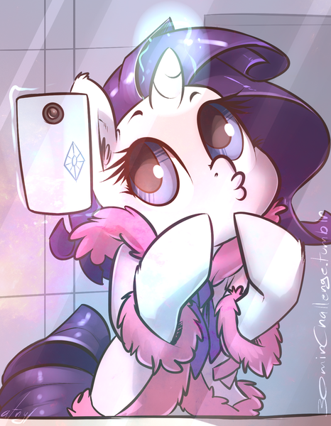 Size: 1289x1658 | Tagged: safe, artist:atryl, derpibooru import, rarity, pony, unicorn, 30 minute art challenge, bathrobe, clothes, cute, duckface, female, magic, mare, mirror, o3o, phone, raribetes, reflection, robe, selfie, solo