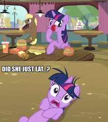 Size: 1280x1440 | Tagged: safe, derpibooru import, edit, edited screencap, screencap, coco crusoe, twilight sparkle, twilight sparkle (alicorn), alicorn, pony, lesson zero, twilight time, burger, drama, female, food, hamburger, mare, that pony sure does love burgers, the duck goes kwark, twilight burgkle