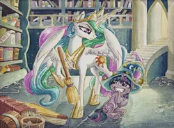 Size: 1024x752 | Tagged: safe, artist:the-wizard-of-art, derpibooru import, princess celestia, twilight sparkle, alicorn, pony, unicorn, broom, celestia is not amused, embarrassed, fantasia, female, filly, filly twilight sparkle, hat, looking at each other, magic, mare, nervous grin, parody, reference, sheepish grin, smiling, star swirl the bearded costume, the sorcerer's apprentice, traditional art, water, watercolor painting, wet mane