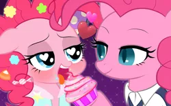 Size: 1024x640 | Tagged: safe, artist:momo, derpibooru import, pinkie pie, changeling, bedroom eyes, cupcake, cute, diapinkes, duality, famihara, feeding, wingding eyes