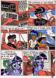 Size: 1366x1895 | Tagged: safe, artist:newyorkx3, derpibooru import, flash sentry, spike, twilight sparkle, twilight sparkle (alicorn), oc, oc:tommy, alicorn, dragon, human, pony, comic:twilight and the big city, cadillac, car, comic, female, male, mare, non-mlp oc, self insert, traditional art