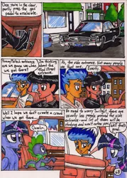 Size: 1359x1895 | Tagged: safe, artist:newyorkx3, derpibooru import, flash sentry, spike, twilight sparkle, twilight sparkle (alicorn), oc, oc:tommy, alicorn, dragon, human, pony, comic:twilight and the big city, cadillac, car, comic, female, male, mare, non-mlp oc, self insert, traditional art