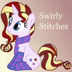 Size: 1116x1118 | Tagged: safe, artist:monkfishyadopts, derpibooru import, oc, oc:swirly stitches, unofficial characters only, pony, unicorn, adoptable, artweaver, clothes, gradient background, ms paint, scarf, socks, solo, striped socks