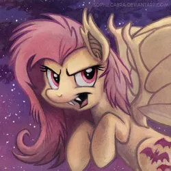 Size: 500x498 | Tagged: safe, artist:kenket, artist:spainfischer, derpibooru import, fluttershy, bat pony, pony, fangs, female, flutterbat, mare, night, race swap, solo, stars, traditional art