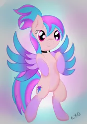 Size: 1147x1636 | Tagged: safe, artist:exori, derpibooru import, oc, oc:shiny dawn, unofficial characters only, pony, bipedal, choker, colored wings, cute, gradient background, gradient hooves, gradient wings, heterochromia, smiling, solo, spread wings