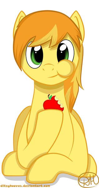 Size: 1354x2556 | Tagged: apple, artist:shiarr, braeburn, derpibooru import, eating, safe, simple background, solo, :t