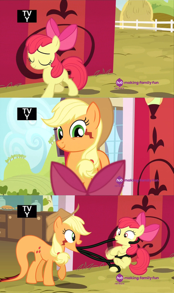 Size: 1920x3240 | Tagged: adoracreepy, apple bloom, applejack, artist:dtkraus, creepy, cute, derpibooru import, edit, edited screencap, goddammit kraus, hoofy-kicks, hybrid, imminent vore, it begins, monster pony, non-fatal vore, open mouth, original species, raised hoof, safe, screencap, smiling, somepony to watch over me, tatzlbetes, tatzljack, tatzlpony, tatzls doing tatzl things, tatzlwurm, tentacles, wat, wide eyes