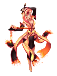 Size: 922x1229 | Tagged: safe, artist:yatonokami, derpibooru import, sunset shimmer, human, equestria girls, alternative cutie mark placement, breasts, burning clothes, cleavage, commission, cutie mark, fantasy class, female, fire, humanized, pyromancy, rpg, simple background, solo, transparent background, weapon, whip