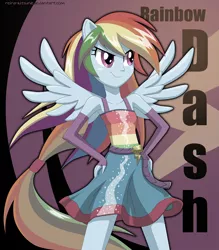 Size: 1200x1372 | Tagged: safe, artist:reina-kitsune, derpibooru import, rainbow dash, equestria girls, belt, clothes, dress, fall formal outfits, ponied up, skirt, sleeveless, solo