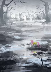 Size: 2480x3508 | Tagged: angel bunny, artist:cmaggot, derpibooru import, fluttershy, fog, in the distance, safe, scenery, scenery porn, snow, swamp, tree