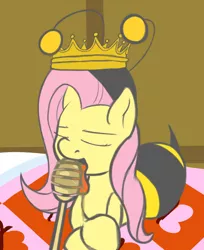 Size: 1106x1356 | Tagged: suggestive, artist:mostazathy, derpibooru import, fluttershy, pony, animal costume, bee costume, clothes, costume, crown, eating, female, flutterbee, honey, honey dipper, licking, solo, solo female, tongue out