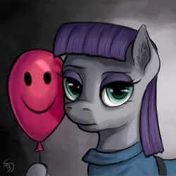 Size: 1000x1000 | Tagged: safe, artist:bluespaceling, derpibooru import, maud pie, earth pony, pony, balloon, clothes, dress, ear fluff, female, hoof hold, looking at you, mare, smiley face, solo