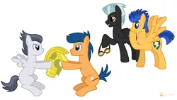 Size: 9600x5400 | Tagged: safe, artist:flashlighthouse, derpibooru import, first base, flash sentry, rumble, thunderlane, earth pony, pegasus, pony, absurd resolution, argument, brothers, colt, goggles, helmet, male, simple background, stallion, vector, white background