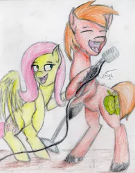 Size: 1791x2293 | Tagged: safe, artist:darkdawnbrony, derpibooru import, big macintosh, fluttershy, earth pony, pony, fluttermac, male, microphone, shipping, singing, stallion, straight, traditional art