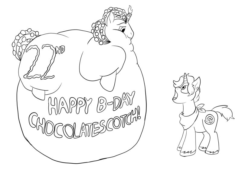 Size: 5000x3589 | Tagged: artist:solitair, bhm, cake pony, derpibooru import, fat, frosting, imminent vore, immobile, impossibly large belly, monochrome, oc, oc:chocolate scotch, questionable, unofficial characters only