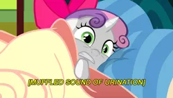 Size: 1280x720 | Tagged: safe, derpibooru import, edit, edited screencap, screencap, sweetie belle, pony, unicorn, bed, caption, descriptive noise, exploitable meme, female, filly, implied bedwetting, implied pissing, implied wetting, meme, pillow, solo, sweetie belle's nightmare