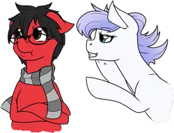 Size: 569x437 | Tagged: safe, artist:baka, derpibooru import, oc, unofficial characters only, earth pony, pony, annoyed, antagonist, clothes, crowneprince, female, glasses, male, mare, no trolling, protagonist, request, sarcasm, scarf, solratic, spiky mane, stallion, winner, winning personality