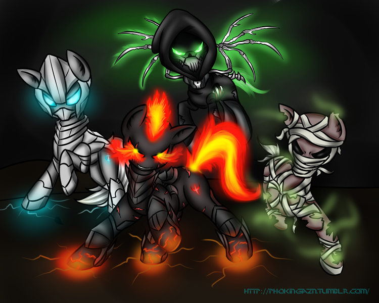 Size: 2000x1600 | Tagged: armor, artist:phokingazn, black background, bone wings, conquest, famine, fire, fire hair, four horsemen of the apocalypse, grim reaper, group, horseman of death, horseman of war, mane of fire, pestilence, quartet, safe, simple background, skeletal wings, war