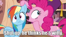 Size: 1280x720 | Tagged: derpibooru import, image macro, mel brooks, meme, pinkie pie, quote, rainbow dash, safe, screencap, text edit, the producers, whisper