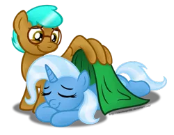 Size: 1015x787 | Tagged: safe, artist:aleximusprime, derpibooru import, trixie, oc, oc:cloud tumble, blanket, canon x oc, eyes closed, female, male, prone, shipping, simple background, sleeping, sleepy, smiling, straight, transparent background, trixietumble, tucking in, wing hands