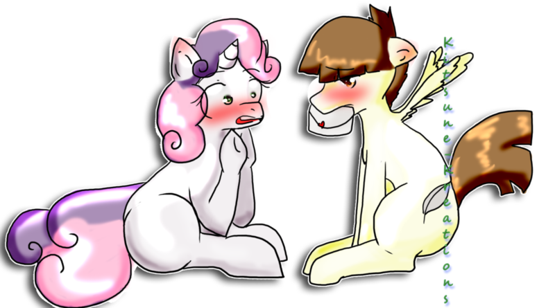 Size: 1024x569 | Tagged: artist:kitsune-kreations, blushing, derpibooru import, featherbelle, featherweight, female, male, safe, shipping, straight, sweetie belle