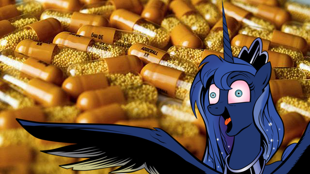 Size: 640x360 | Tagged: safe, derpibooru import, idw, princess luna, alicorn, pony, adderall, bloodshot eyes, drugs, female, floppy ears, mare, open mouth, pills, smiling, solo, spread wings, tongue out, wide eyes, wing fluff, wings