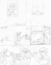Size: 2550x3280 | Tagged: artist:vinny, comic, derpibooru import, monochrome, oc, oc:alex, oc:pogo, offspring, parent:gilda, parent:pinkie pie, pencil drawing, pie, safe, satyr, traditional art, unofficial characters only