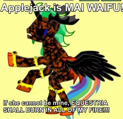 Size: 1177x1136 | Tagged: safe, derpibooru import, applejack, oc, unofficial characters only, alicorn, pony, pony creator, 9000 hours in pony creator, abomination, alicorn oc, angry, background pony strikes again, canon x oc, caption, donut steel, edgy, equestria, image macro, male, meme, my eyes, quazar cluster, rainbow hair, rearing, red and black oc, solo, stallion, straight, text, threat, waifu, wat, why