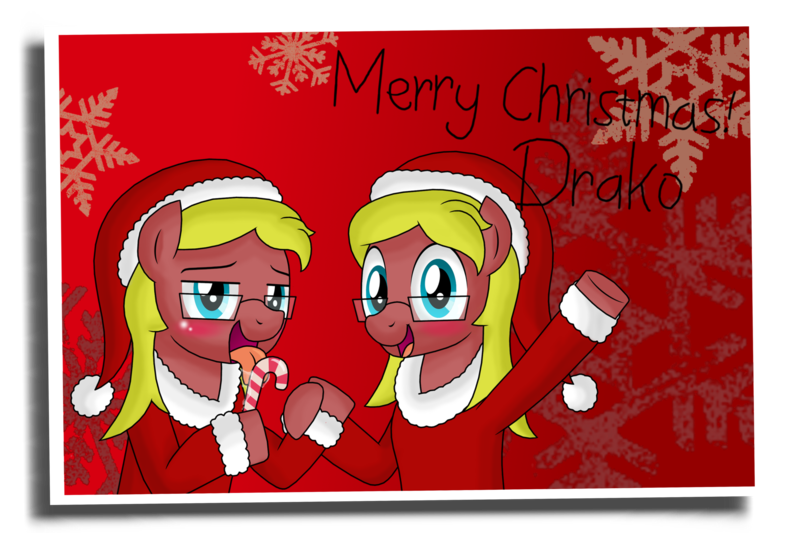 Size: 3000x2000 | Tagged: safe, artist:drako1997, derpibooru import, oc, oc:drako, unofficial characters only, bedroom eyes, blushing, candy cane, christmas, drool, glasses, licking, male, postcard, selfcest, tongue out