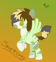 Size: 1330x1481 | Tagged: safe, artist:chatooka, derpibooru import, oc, oc:sketchy, unofficial characters only, hybrid, pegasus, pony, dog-pony, female, gradient background, solo