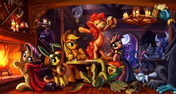 Size: 2240x1200 | Tagged: safe, artist:harwick, derpibooru import, ahuizotl, applejack, fluttershy, garble, gilda, iron will, mitsy, pinkie pie, rainbow dash, rarity, rover, trixie, twilight sparkle, bird, cat, diamond dog, dragon, earth pony, gryphon, pegasus, pony, unicorn, ahuizotl's cats, axe, bedroom eyes, bipedal, bread, bunny ears, candle, cape, chandelier, cider, cloak, clothes, dangerous mission outfit, drinking, eyes closed, female, fireplace, fork, frown, glare, goggles, headband, knife, laughing, looking at you, male, mane six, mare, moon, night, on back, open mouth, prone, raised eyebrow, sitting, smiling, smirk, spread wings, tavern, wine, wings, wood