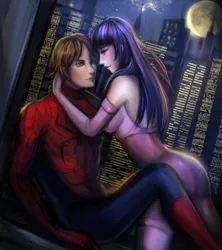 Size: 843x948 | Tagged: amethyst sorceress, artist:sangrde, clothes, costume, crossover, crossover shipping, derpibooru import, eye contact, hug, human, humanized, peter parker, safe, shipping, smiling, spider-man, spiders and magic: rise of spider-mane, spidertwi, twilight sparkle