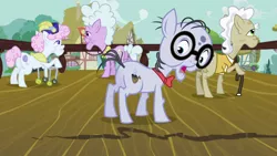 Size: 1920x1080 | Tagged: safe, derpibooru import, screencap, chelsea porcelain, geri, mr. waddle, pearly stitch, earth pony, pony, the mysterious mare do well, balcony, bowtie, cane, crack, elderly, female, glasses, hat, liver spots, looking down, male, mare, open mouth, stallion, walker