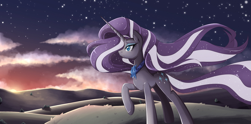 Size: 1500x744 | Tagged: artist:jinzhan, cloud, cloudy, crying, derpibooru import, grass, hill, nightmare grayity, nightmare rarity, safe, simple background, solo, stars, sunset