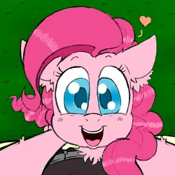 Size: 950x950 | Tagged: dead source, safe, artist:ichibangravity, derpibooru import, pinkie pie, human, pony, bright eyed, chest fluff, colored pupils, cute, diapinkes, ear fluff, fluffy, holding a pony, pov, solo