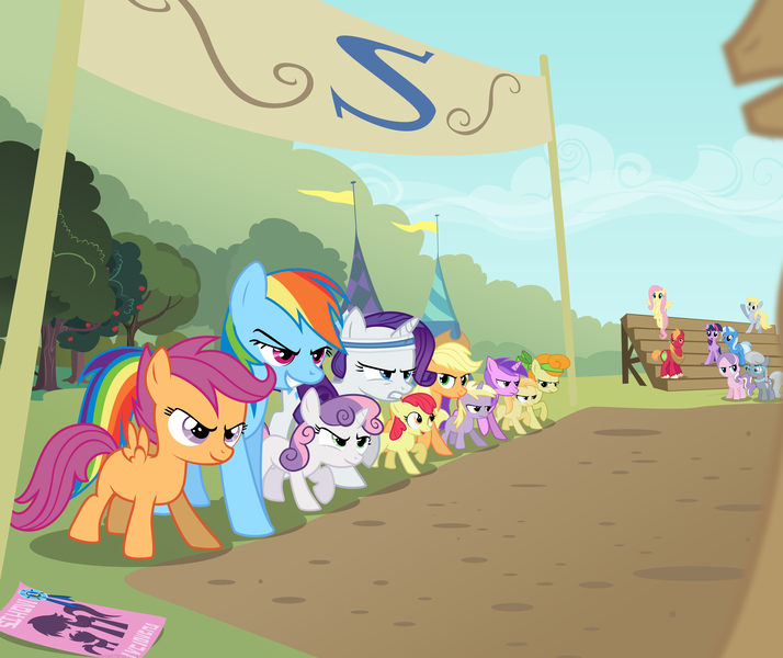 Size: 4500x3780 | Tagged: safe, artist:anarchemitis, derpibooru import, screencap, amethyst star, apple bloom, applejack, big macintosh, carrot top, derpy hooves, diamond tiara, dinky hooves, fluttershy, golden harvest, noi, rainbow dash, rarity, scootaloo, silver spoon, sweetie belle, trixie, twilight sparkle, twilight sparkle (alicorn), alicorn, earth pony, pegasus, pony, unicorn, sisterhooves social, alternate hairstyle, blank flank, cropped, cutie mark crusaders, female, filly, foal, glasses, male, mare, missing accessory, parody, ponytail, scene parody, stallion