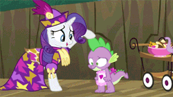 Size: 500x281 | Tagged: safe, derpibooru import, screencap, rarity, spike, dragon, pony, unicorn, dragon quest, animated, apron, camouflage, clothes, dress, female, food, gif, hat, male, mare, naked apron, patting, sproing