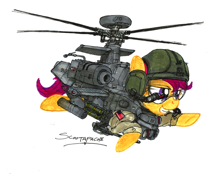 Size: 1800x1404 | Tagged: agm-114 hellfire, ah-64 apache, ah-64d, aircraft, artist:buckweiser, autocannon, derpibooru import, gun, gunship, helicopter, hellfire, hydra 70, m230 chain gun, military, missile, ponified, rocket, safe, scootaloo, scootaloo can fly, solo