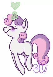 Size: 508x741 | Tagged: artist:sarahsquirrels, cute, diasweetes, eyes closed, female, filly, heart, jumping, magic, mare, safe, signature, simple background, smiling, solo, sweetie belle, watermark, white background