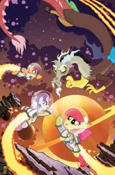 Size: 755x1147 | Tagged: apple bloom, artist:tonyfleecs, astronaut, comic cover, cosmic, cover art, cutie mark crusaders, derpibooru import, discord, flying, idw, jetpack, planet, ponies in space, safe, scootaloo, space, spacesuit, sweetie belle