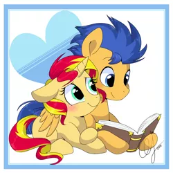 Size: 1400x1400 | Tagged: safe, artist:inkie-heart, derpibooru import, flash sentry, sunset shimmer, pegasus, pony, unicorn, blank flank, blushing, book, cuddling, cute, diasentres, female, flashimmer, floppy ears, heart, hug, male, prone, reading, shimmerbetes, shipping, smiling, snuggling, straight, winghug