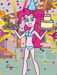 Size: 1200x1600 | Tagged: suggestive, artist:djgames, derpibooru import, pinkie pie, equestria girls, belly button, bikini, breasts, busty pinkie pie, cake, cleavage, clothes, confetti, cupcake, female, hat, party, party hat, solo, solo female, swimsuit