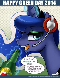 Size: 700x900 | Tagged: safe, artist:johnjoseco, derpibooru import, princess luna, ask gaming princess luna, gamer luna, alcohol, drunk, drunk luna, eyeshadow, headset, looking at you, magic, saint patrick's day, solo